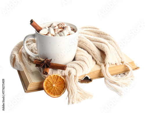 Cozy winter scene with a steaming cup of hot cocoa or coffee topped with whipped cream, next to a warm scarf, isolated, symbolizing warmth and reading.