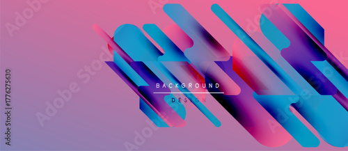 Abstract geometric shapes create vibrant gradient background. Diagonal lines, pinks, blues dominate composition. Modern design element.