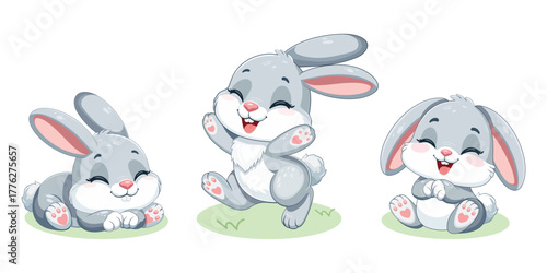 A set of cute and happy little rabbits, sweetly smiling on a white background. Perfect for Easter Bunny themes or children designs. Vector illustration in flat cartoon style.