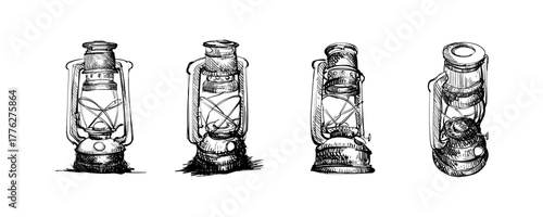 hand drawn vector  sketch of a vintage lantern with four different view 