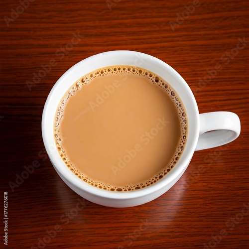 Fresh tea of milk real tea top view on the red table.