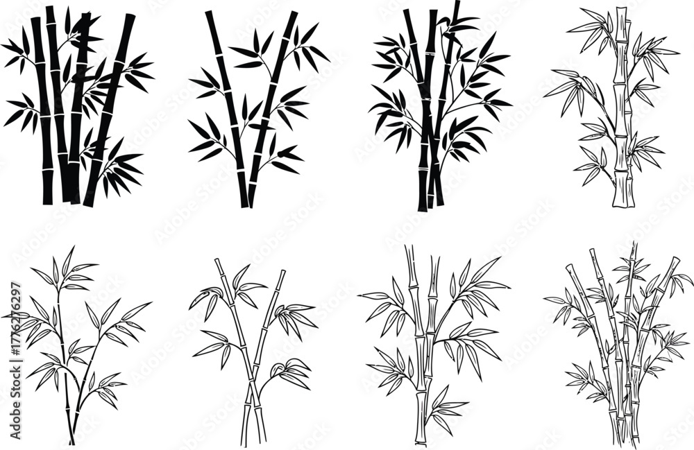 Obraz premium Collection of eight stylized black and white bamboo plant illustrations with detailed leaves and stalks