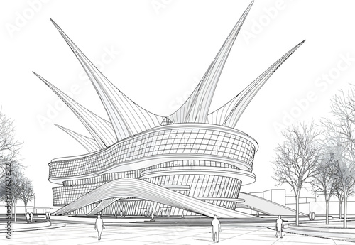 Modern architectural design sketch of a unique building with spiky protrusions and surrounding trees
