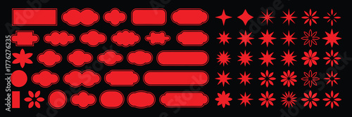Collection of red abstract shapes and starbursts on a black background, graphic design elements