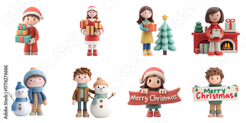 Set of cartoon character png mockup in 3d Christmas theme without background for decoration.