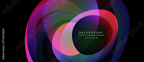 Abstract colorful layers create dynamic circular design. Text reads background design over central area. Dark background enhances vibrant hues.