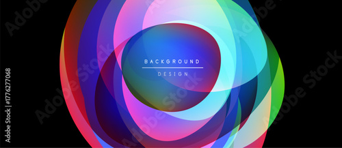 Abstract colorful layers create dynamic circular design. Bright hues blend, forming modern background element. Text reads background design.