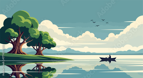 Serene lake landscape with a lone boater rowing across the calm water under a cloudy sky, flanked by lush green trees reflecting on the mirrored surface