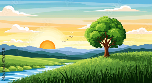 Idyllic cartoon landscape illustration of a summer sunrise over rolling green hills with a river and a solitary tree