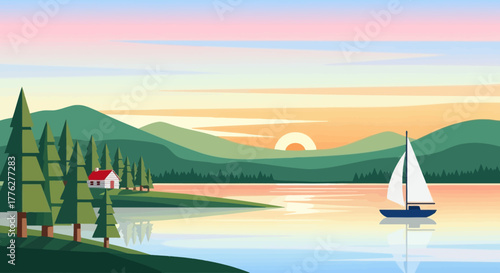 Serene evening landscape with a sailboat gliding peacefully on a calm lake, framed by majestic green mountains and a warm, golden sunset