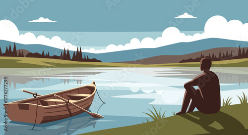 A lone figure finds peace and quiet reflection by a tranquil lake, gazing at distant mountains. A rustic wooden rowboat nearby symbolizes serene escape