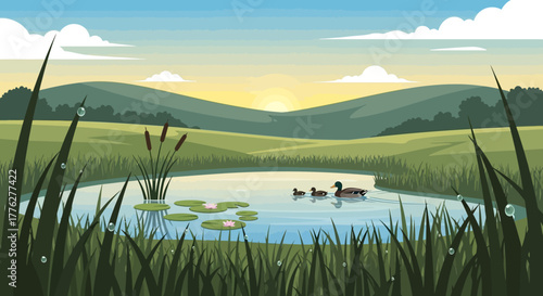 Serene pond at sunrise, with ducks, water lilies, and reeds, framed by green hills under a vibrant sky, capturing peaceful nature