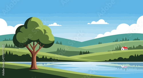 Idyllic cartoon landscape with rolling green hills, a tranquil lake, a prominent tree, and a distant house under a blue sky, symbolizing natural beauty and peace