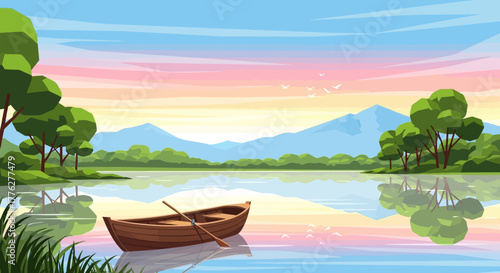 Tranquil wooden rowboat on a serene lake, reflecting a vibrant pastel sunrise sky, surrounded by lush trees and distant mountains, a peaceful nature landscape