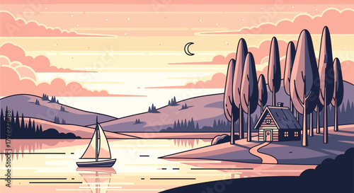 A peaceful vector illustration of a serene lakeside escape, showing a cozy cabin and a sailboat on the water during a beautiful twilight glow