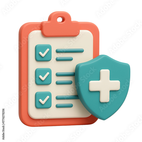 3d icon of medical checklist with shield isolated on transparent background showing health protection