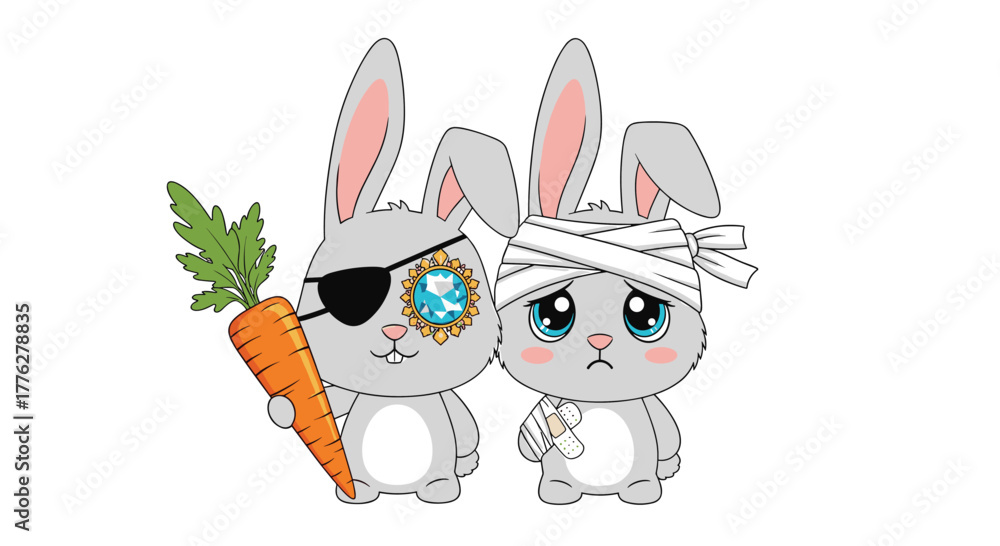 Fototapeta premium Two cartoon bunnies, one dressed as a pirate with a jeweled eyepatch and a carrot, the other sad and covered in bandages.