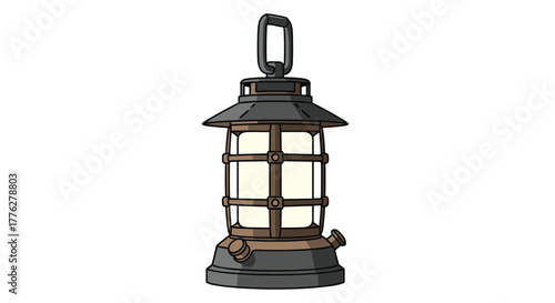 Vintage-style camping lantern with a metal frame and glowing light, illustrated in a classic cartoon style on a plain background.