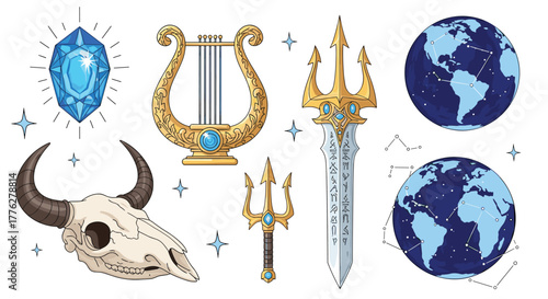 Magical collection of fantasy and mythological artifacts including a crystal, lyre, trident, sword, and bull skull illustration.