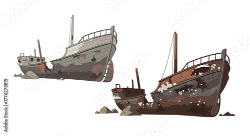 Two deteriorating, rusty shipwrecks beached on the shore, showing decay and the effects of time, isolated illustration.
