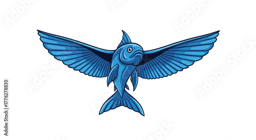 Stylized blue flying fish with large, wing-like pectoral fins spread wide, captured in a dynamic mid-air pose illustration.