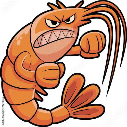 Angry cartoon shrimp character illustration, orange seafood mascot with clenched fists and fierce face, funny marine animal design artwork