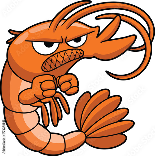 Angry cartoon shrimp character illustration, orange seafood mascot with clenched fists and fierce face, funny marine animal design artwork