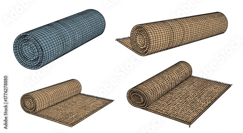 Progression of a rolled carpet unrolling, shown in four stages from fully rolled to partially unrolled in a wireframe style.