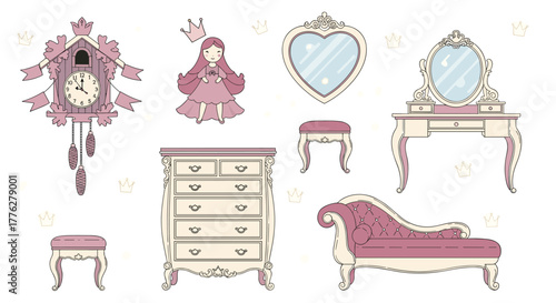Elegant set of pink and cream vintage furniture for a princess's room, including a dresser, mirrors, and a chaise lounge.