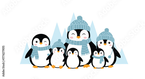 Adorable cartoon penguin family of six wearing matching blue winter hats and scarves, standing in front of icy mountains.