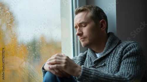Sad man sitting by window on rainy day, emotional grief and loneliness, melancholy moment in autumn atmosphere, mental health and reflection
