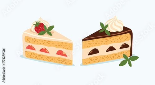 Two delicious slices of layered sponge cake, one with strawberries and cream and the other with chocolate and mint garnish.