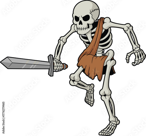 Cartoon skeleton warrior holding sword, fantasy undead soldier character in tattered cloth, spooky Halloween monster illustration for game design
