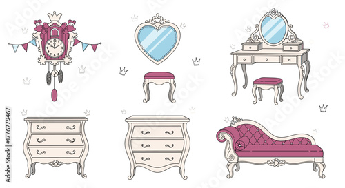 Beautiful collection of vintage princess bedroom furniture including a cuckoo clock, vanity, and chaise lounge in pastel colors.