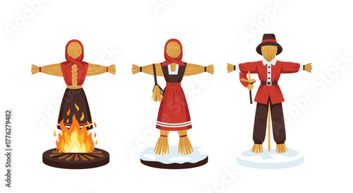 Set of three traditional Slavic effigies for the Maslenitsa festival, including one burning to welcome the spring season.