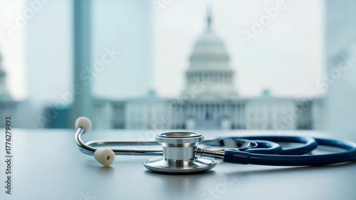 Stethoscope on light desk in front of government building, symbol of healthcare policy, medical insurance, public health system, national care reform, hospital access regulation, patient rights