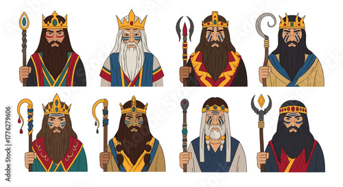 Collection of eight stylized portraits of ancient kings, shamans, or wizards, each with a unique crown, beard, and staff.