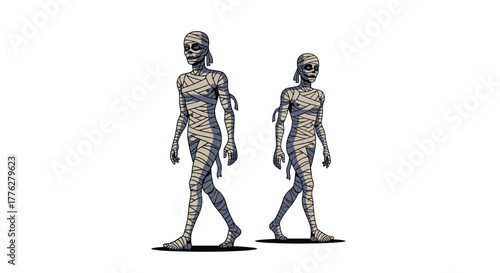 Pair of ancient Egyptian mummies wrapped in bandages, walking with a stiff posture, illustrated in two different sizes.