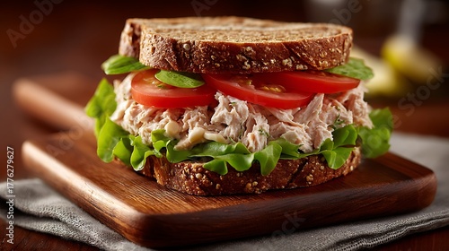 A classic tuna salad sandwich served on whole grain bread with crisp lettuce, tomato, and mayo, offering a comforting and simple meal.