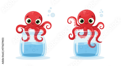 Pair of adorable cartoon red octopuses with big eyes, each sitting playfully on top of a glass jar filled with water.