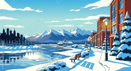 Picturesque urban winter scene illustration with a snowy promenade, frozen lake, and majestic mountain background c.eps