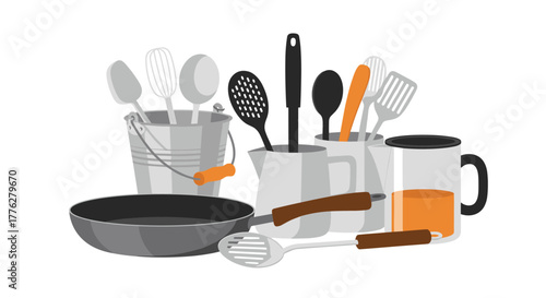 Assortment of essential kitchen utensils including spatulas, spoons, and a whisk in containers, alongside a frying pan.