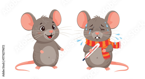 Comparison of a happy and healthy cartoon mouse standing cheerfully, next to a sad, sick mouse crying with a thermometer.