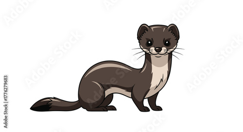 Charming cartoon illustration of a sleek brown weasel with a curious expression, shown in a seated pose on a white background.