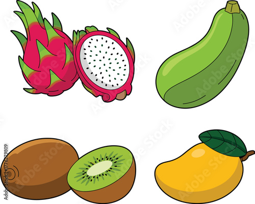 Colorful cartoon illustration of dragon fruit, zucchini, kiwi and mango, tropical fresh fruits collection for healthy food and nutrition design