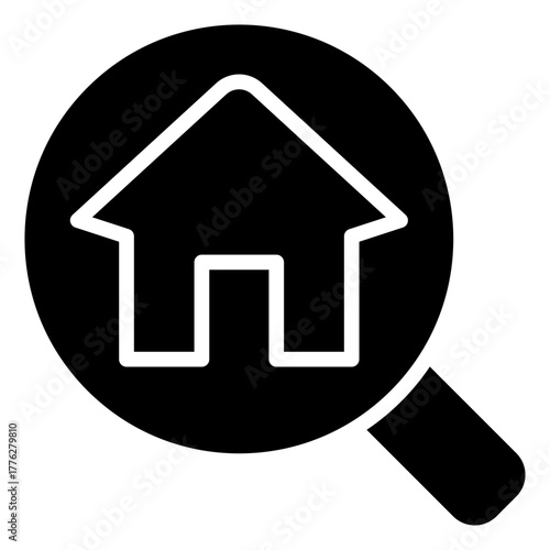 Property Search Glyph Black Silhouette Icon Design Vector - Magnifying glass with a house, symbolizing real estate search, home finding, or location lookup