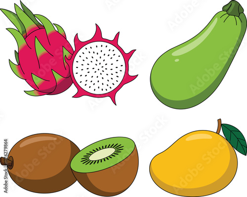 Colorful cartoon illustration of dragon fruit, zucchini, kiwi and mango, tropical fresh fruits collection for healthy food and nutrition design