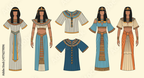 Assortment of traditional ancient Egyptian clothing for both men and women, featuring ornate collars, belts, and headdresses.