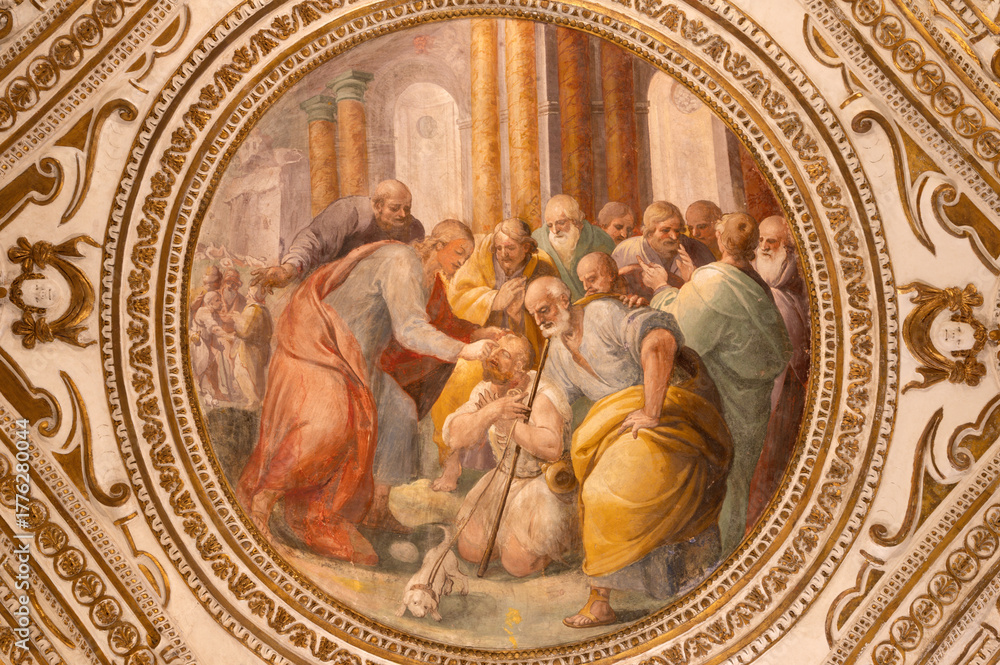 Obraz premium SALERNO, ITALY - OCTOBER 6, 2025: The ceiling fresco of Jesus healing blind man in the crypt of Cathedral of St. Matthew by Belisario Corenzio (1558–1646)