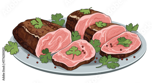 Appetizing platter of cooked and sliced roast beef, garnished with fresh parsley leaves and peppercorns, ready to be served.